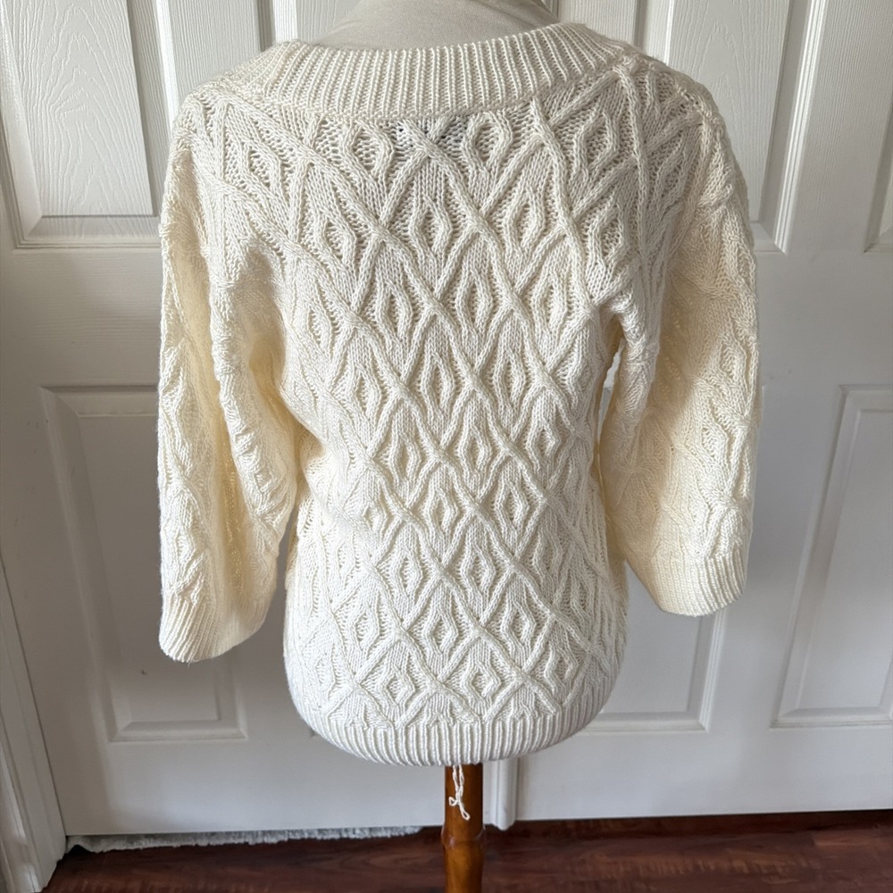 Cream Cable Pointelle Open Knit Sweater Womens  M 3/4 Sleeve Scoop Neck  a.n.a - Picture 6 of 13